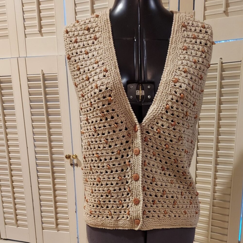 Vintage Hand Knit Linen/Cotton Beaded Vest by Robert Scott Ltd. Size S